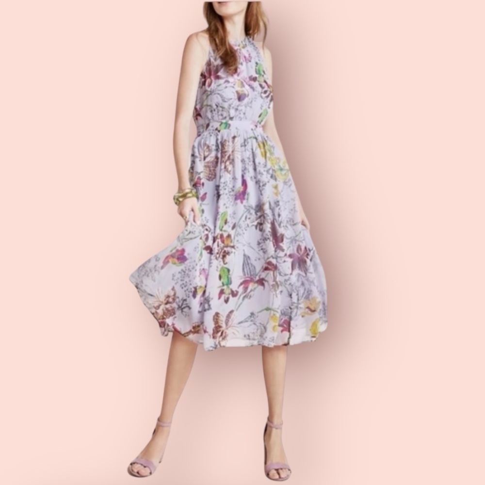 ANTHROPOLOGIE Hermia Floral Midi Dress in Lilac